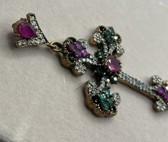 Antique Simulated Green Emerald Cross Pendant Sterling Silver & Gold 14g