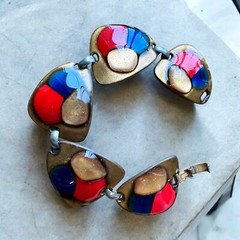 Vintage Kay Denning Red Blue and Copper Enamel Bracelet