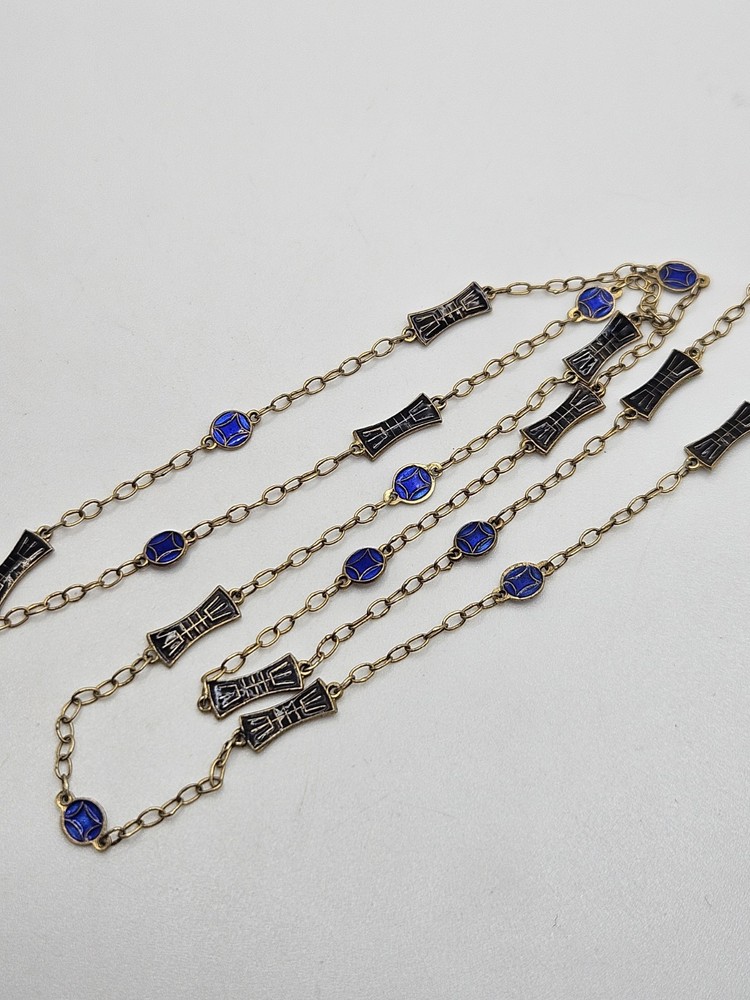 Vintage Chinese Export Silver Gold Tone Black & Blue Enamel Dainty Necklace 24″