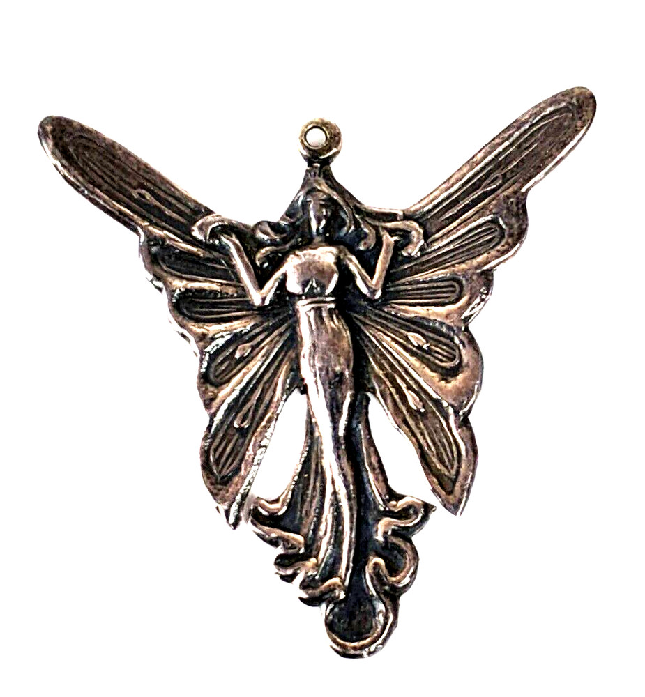 Sterling Silver Art Nouveau Lady with Butterfly Wings Fairy Pendant 1.25″