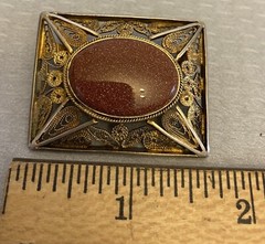 Vintage Silver Vermeil Filigree Aventurine Goldstone Brooch Pendant Handcrafted
