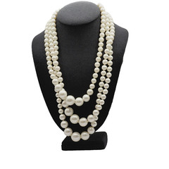 Triple Strand Chunky Simulated Faux Pearl Knotted Necklace Vintage Japan 24 Inch