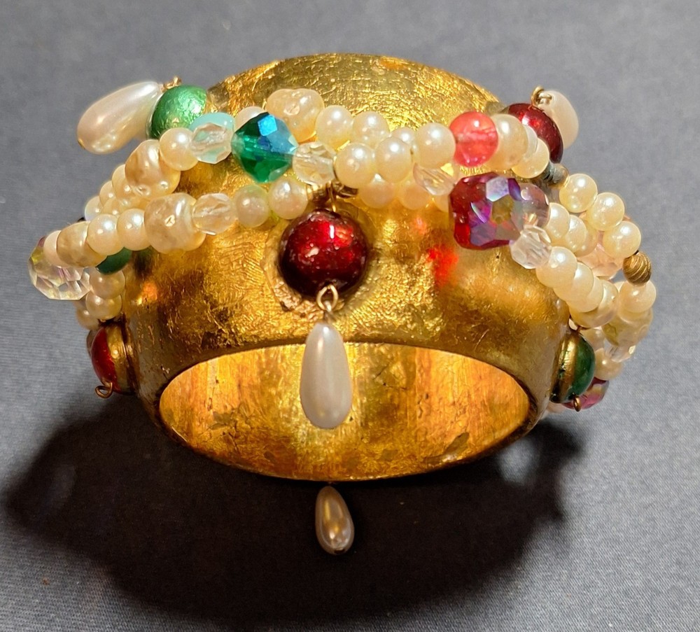 OOAK Vnt. 1980s-1990s “Ross Madole” Cuff Bracelet/Gold Leaf w Faux Pearls & Gems