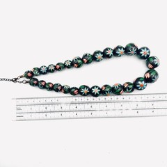 Vintage Chunky Hand Painted Wood Bead Necklace Black Multi-Color Floral BOHO