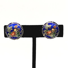 Cloisonné Small Butterfly & Flowers Round Blue Enamel Gold Tone Clip On Earrings