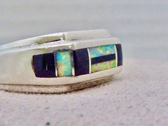 VINTAGE STERLING SILBER ONYX OPAL BAND RING SIZE 8.5 MAN MADE OPAL RING