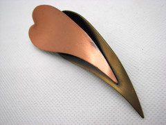 Large Vintage Copper & Brass Modernist Double Leaf Brooch Pin Signed Kim
