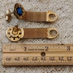Vintage SWANK Gold Tone Mesh Cuff Links w/Blue Rivoli Stones, Nice!