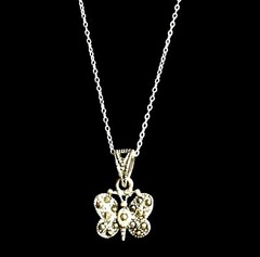 Vintage Sterling Silver Marcasite Butterfly Necklace 18″ Pendant Dainty Black