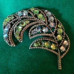 Vintage WEISS RHINESTONE BROOCH pale blue & light green Rhinestone Feather Pin
