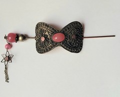 Vintage Chinese Silver Plated Filigree Hair Pin Pink Rose Glass Cabochons