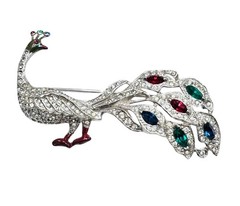 Vintage Art Deco Pave Rhinestone Peacock Brooch Rhodium Plated