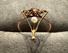 Victorian 14K Gold Triangular Framed Antique Cut Diamond and Seed Pearl Ring
