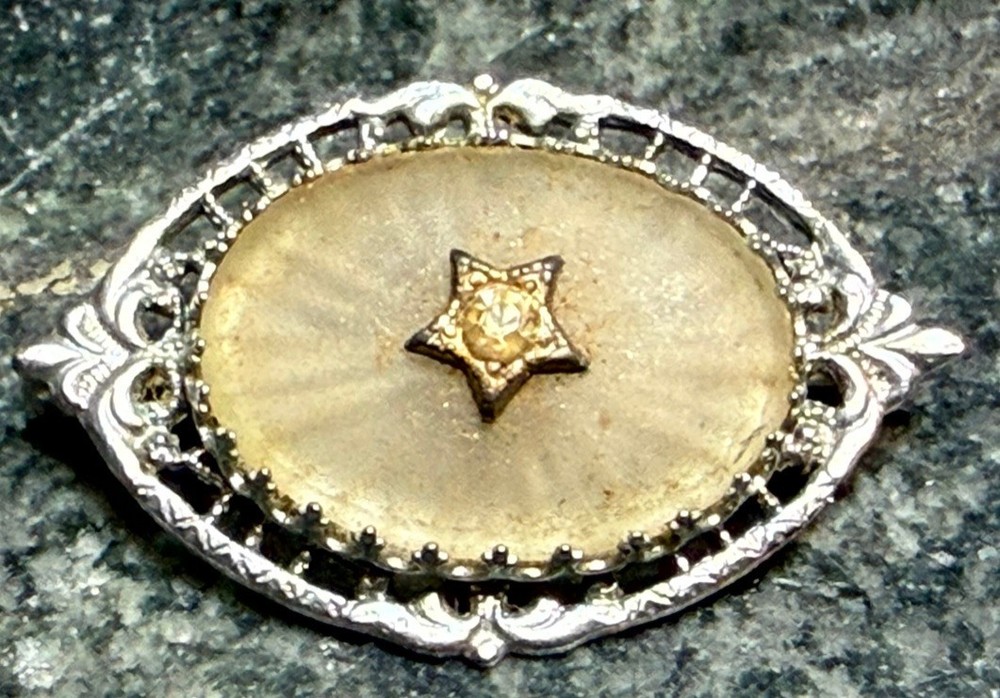 Antique Art Deco Camphor Glass and Silver Tone Metal Pin with Center Stone