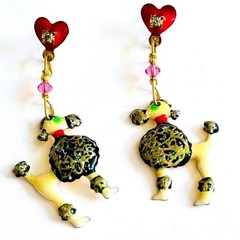 Lunch At The Ritz LATR Poodle Dog signed Earrings VTG Pierced Dangle Enamel 80s