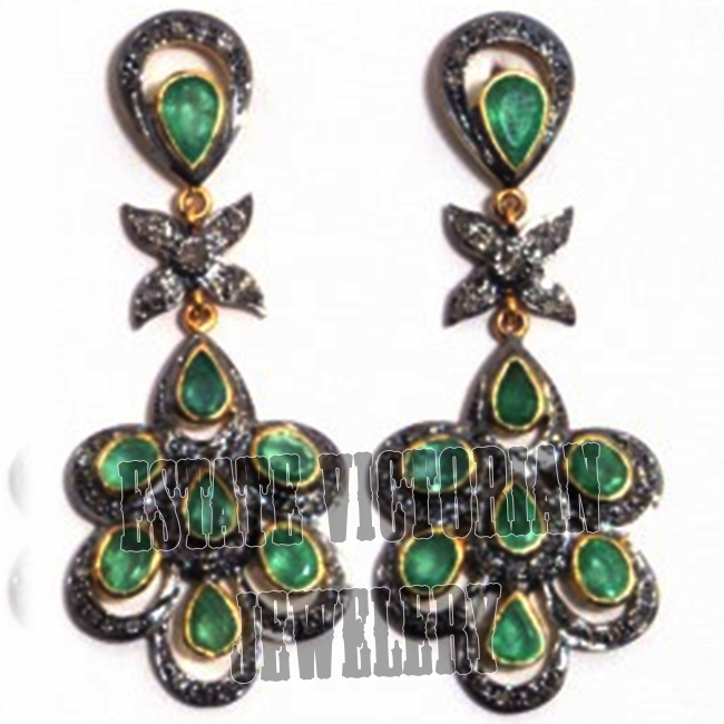 Vintage 2.90Ctw Rose Cut Diamond Emerald Studded Silver Gorgeous Earring Jewelry