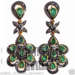 Vintage 2.90Ctw Rose Cut Diamond Emerald Studded Silver Gorgeous Earring Jewelry