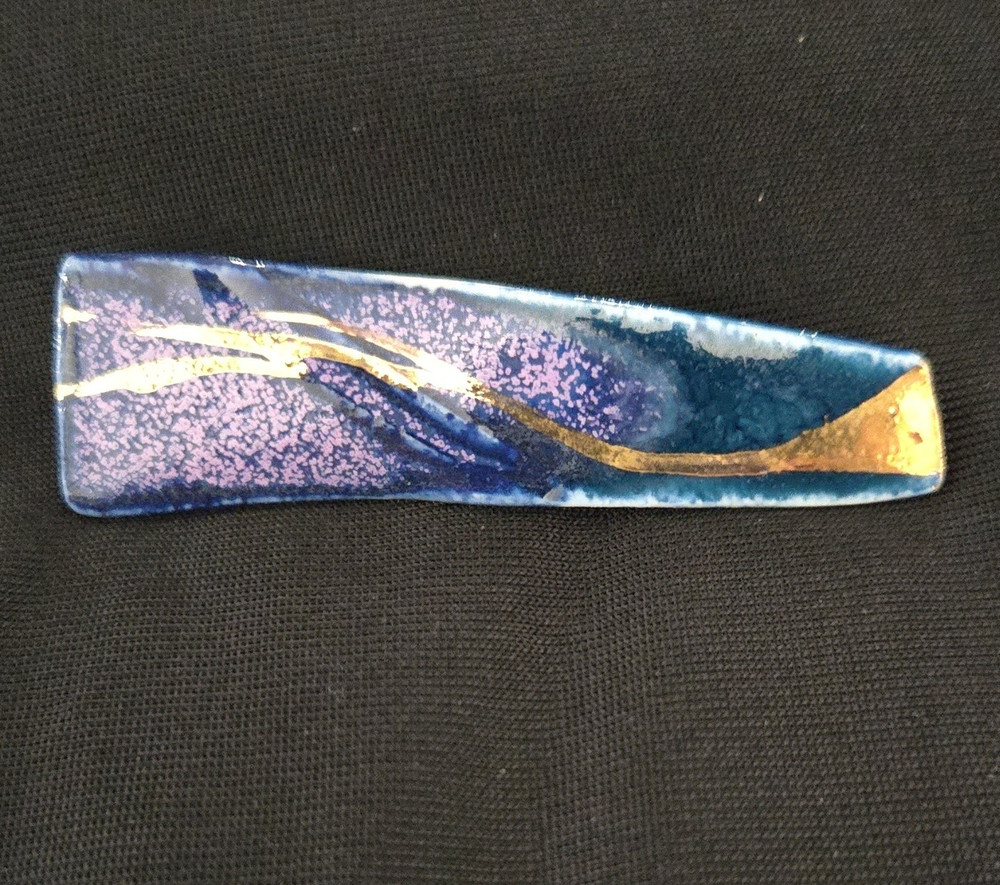 Gold Tone Enamel Rectangle Bar Brooch Pin Blue Purple No Stone 3 in