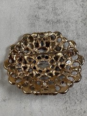 Vintage Red Rhinestone & Tiger Eye Glass Brooch Gold Tone Filigree Statement Pin