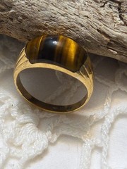 Vtg Signed Uncas Tiger’s Eye Ring 14K GE Gold Electroplate Sz 9 Boho Ring W66