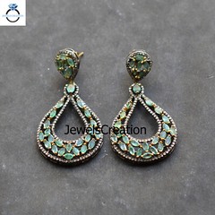 Natural Emerald Gemstone Earrings Pave Diamond Sterling Silver Jewelry Gifts