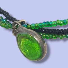 Sterling Silver Green Glass Pendant Necklace Multi Strand Seed Beads 15″