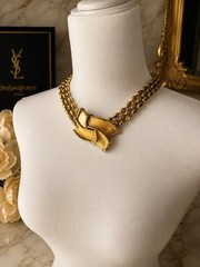VTG YSL Yves Saint Laurent Gold Tone Statement Necklace Triple Strand Beads