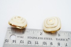 Vintage Clip On Earrings Gold Tone White Enamel Square