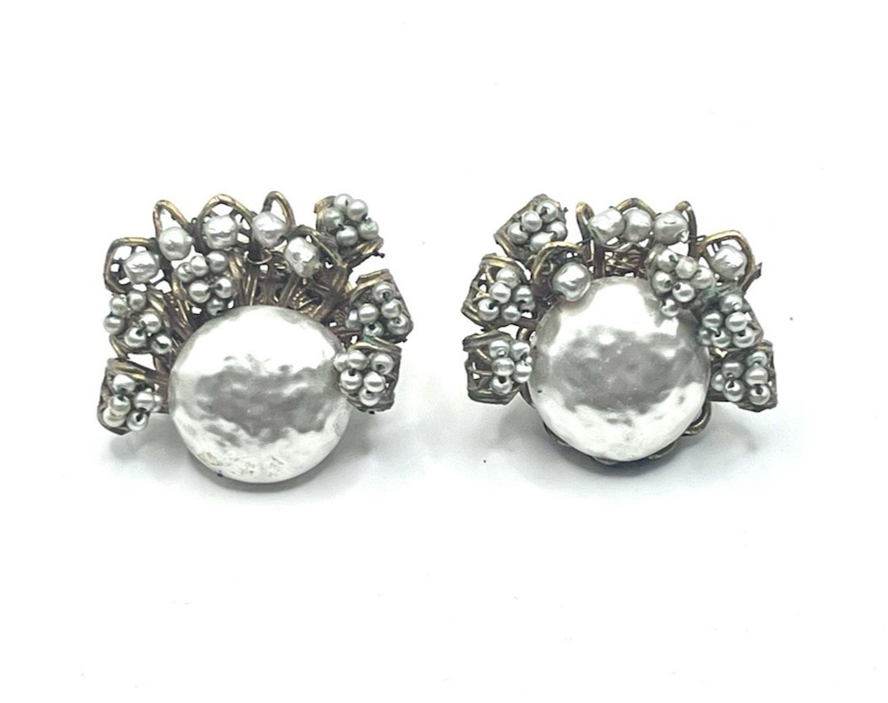 Miriam Haskell Signed Baroque Pearl Cluster Earrings Vintage Clip-On Bridal