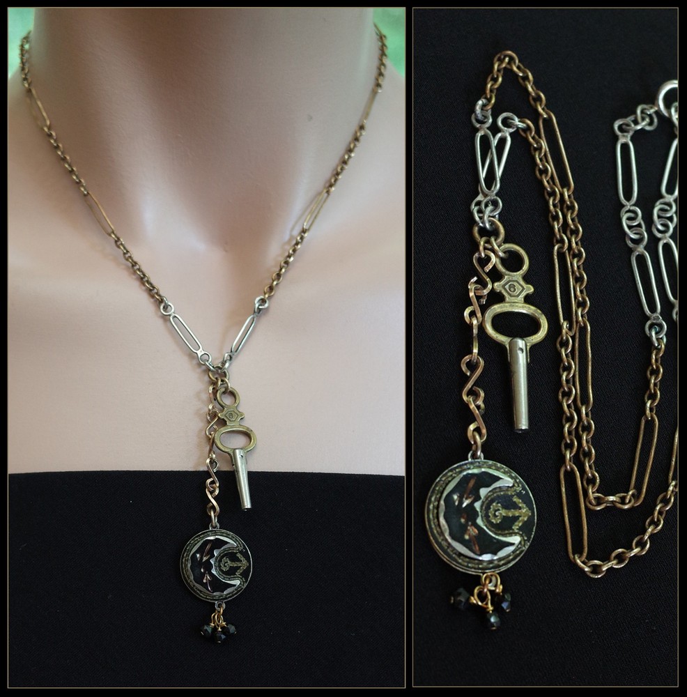 ANTIQUE Gold & Silver Niello Crescent Moon Anchor Pendant Pocket Watch Key
