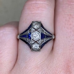 Art Deco Style Lab Created Diamond & Sapphire 14k White Gold FN Engagement Ring