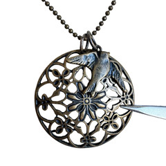 Vintage Copper Bird Necklace Floral Filigree Pendant Ball Chain Boho Statement