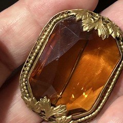Vintage Nouveau Signed Czech Topaz Amber Glass Open Bezel Set Brooch Pin Amazing