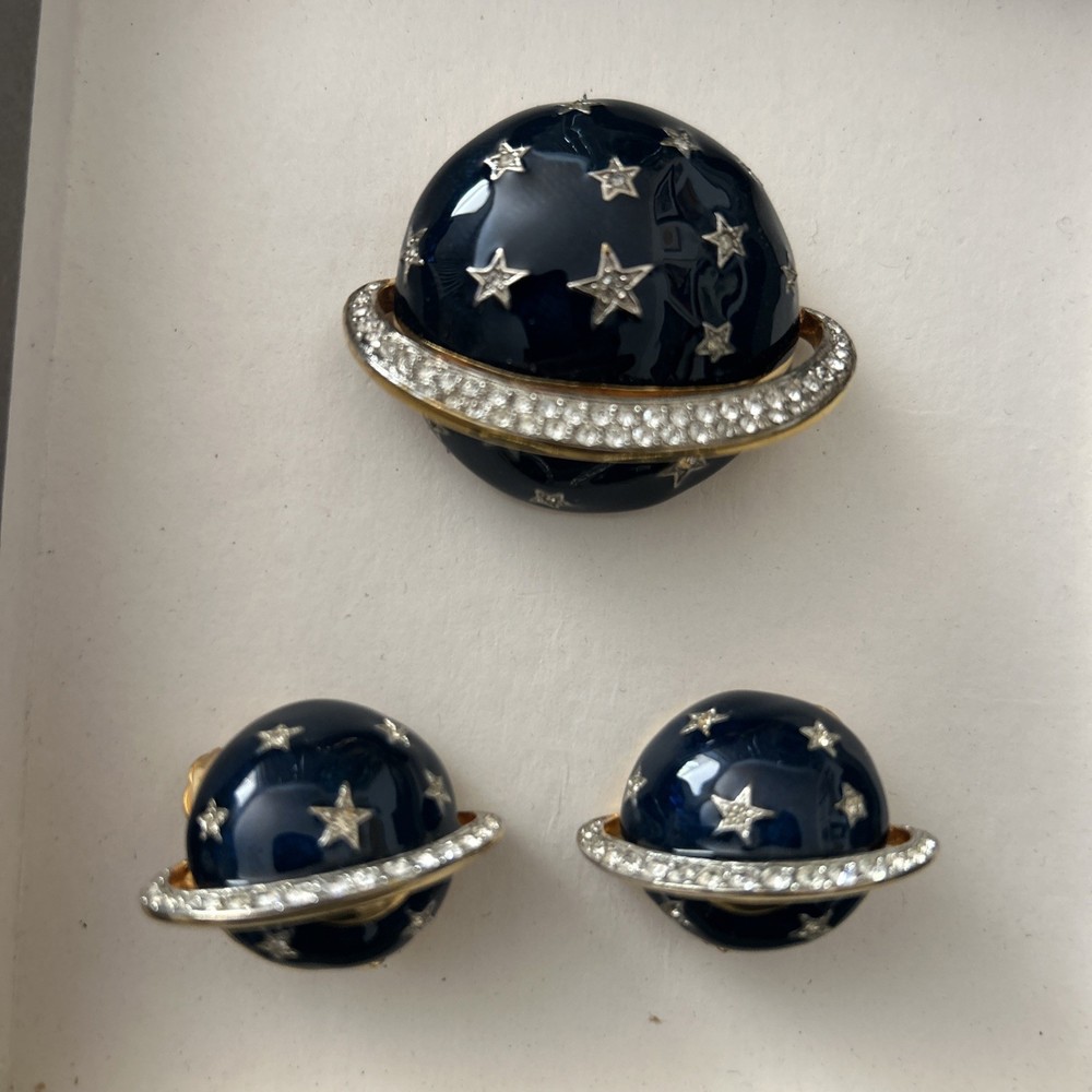 VINTAGE BUTLER & WILSON Signed Saturn Brooch & Earrings SET Navy Blue