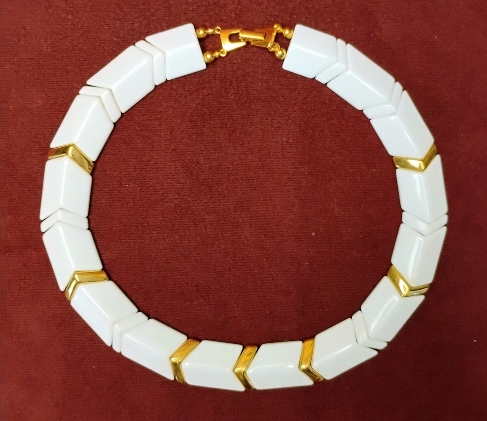 Gold Tone and White Plastic Beaded Circular Necklace Circa 1970’s Unbranded