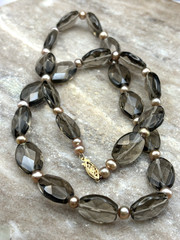 Vintage Faceted Smoky Quartz Topaz Beaded Necklace w/ Filigree 14K Gold Clasp