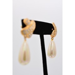 Roman Vintage Dangle Earrings Rhinestone Crystal X Faux Pearl Gold Tone BinAG