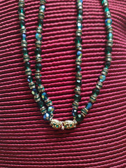 Vintage Les Bernard 2 Strand Iridescent Blue-Green Glass Bead Necklace 24 inch