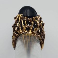 Brutalist Chunky Cocktail Ring 60s Black Resin Cabochon Gold Tone Costume Sz 9