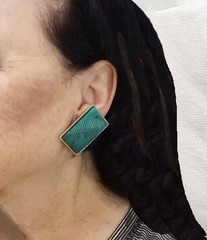 Vintage Fluted Faux Turquoise Cabochon Silver Tone Rectangular Clip On Earrings