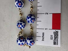Copper Enameled Bead Necklace Red White Blue Flowers . Salvage Repurpose