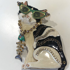 Lunch At The Ritz Cat Brooch Pendant Enamel Rhinestone Sunglasses Fish Charm Vtg