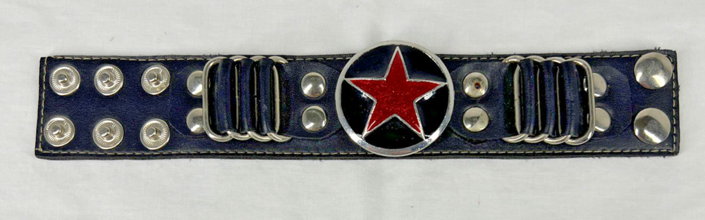 Big Red Star Silver Metal & Leather Snap Bracelet Rocker Style 9″ Long Women’s