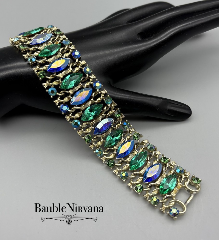 Vintage Signed Lisner Peacock Green & Blue Iridescent Twisted Goldtone Bracelet
