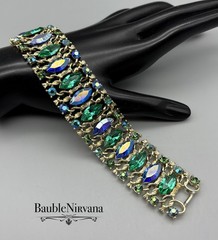 Vintage Signed Lisner Peacock Green & Blue Iridescent Twisted Goldtone Bracelet