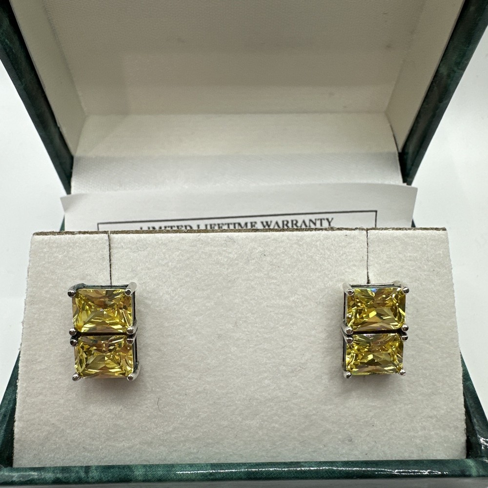 Vintage Ross Simons Silver 925 Canary Yellow Baguette Cut CZ Earrings .5″ long