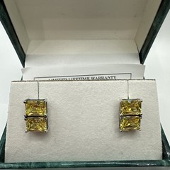 Vintage Ross Simons Silver 925 Canary Yellow Baguette Cut CZ Earrings .5″ long