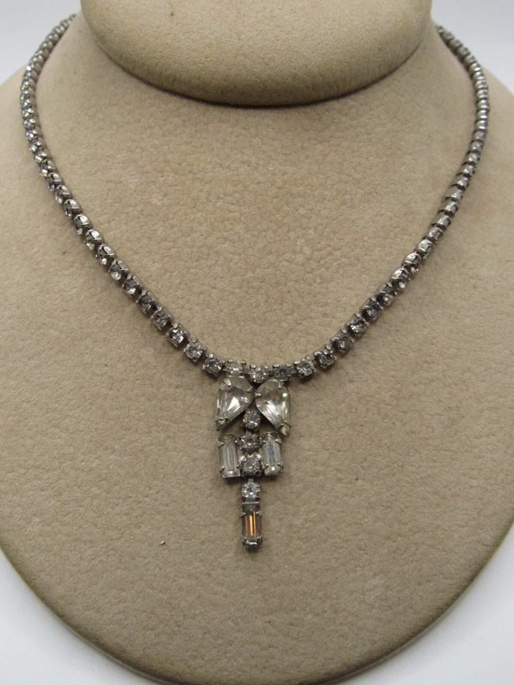 Vintage Clear Baguette tear Rhinestone Statement Necklace Elegant Art Deco-15″