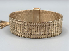 Vintage MCM Greek Key Gold Tone Mesh Slide Bracelet w/ Tassel