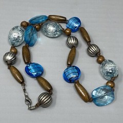Beaded Necklace Blue Glass Fused Foil Acrylic Crackle Faceted Wood Metal 21″